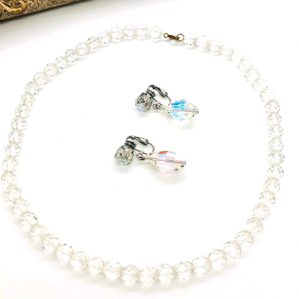 Vintage Deco Crystal Beas Necklace & AB crystal Earrings